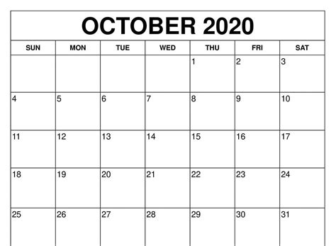 Editable Template Fillable October 2020 Calendar