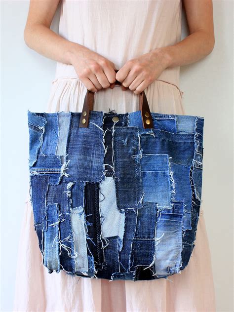 Hipster Patchwork Denim Bag With Leather Handles One Of A Etsy