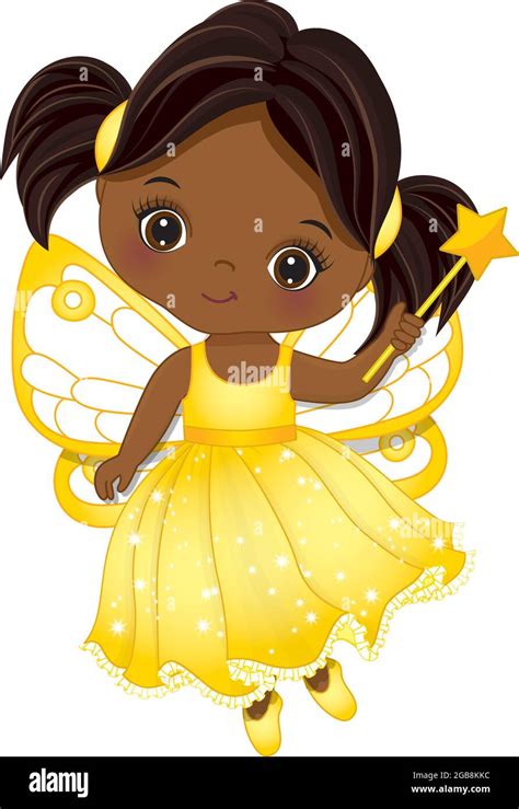 Cute African American Fairy Girl Has Ponytails Holding Magic Wand