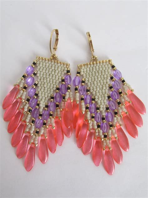 seed-bead-bead-woven-glass-fringe-earrings-coral-purple-bead-weaving,-bead-work,-beaded