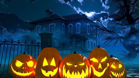 Haunted House With Pumpkins Near Fence Hd Happy Halloween Wallpapers