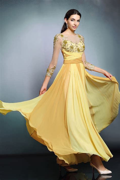 2015 New Yellow Bateau Chiffon A Line Long Evening Dress With Sleeves