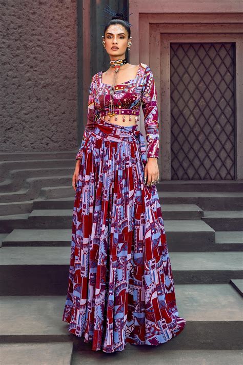 Buy Multi Color Modal Printed Geometric V Neck Skirt And Blouse Set For Women By Diyarajvvir