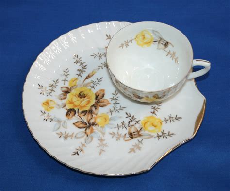 Vintage Yellow Rose And Gold Teacup And Saucer Tea Cup And Scallop Shaped