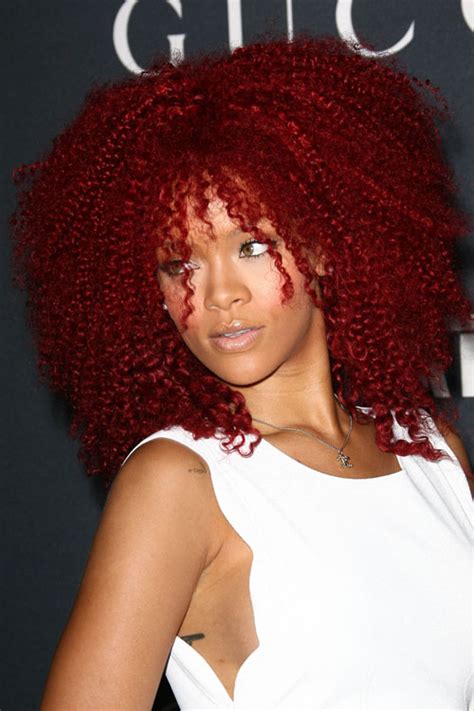 Rihanna Curly Teased Burgundy Afro Hairstyle Steal Her Style