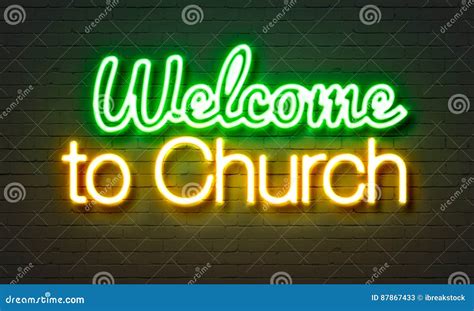 Welcome To Church Neon Sign On Brick Wall Background Stock