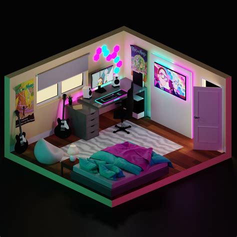 This cool looking and modern nightstand lamp instantly adds color to his bedroom. Rick & Morty Theme, 3D Isometric Room Inspiration in 2020 ...