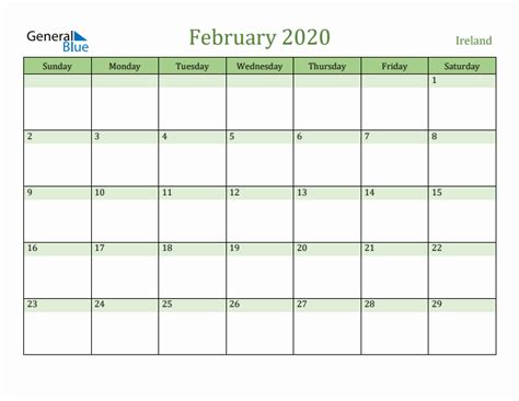 February 2020 Monthly Calendar With Ireland Holidays