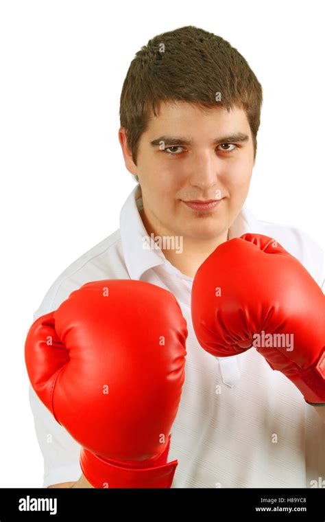 Casual Man In Red Boxing Gloves Isolated Over White Background Stock