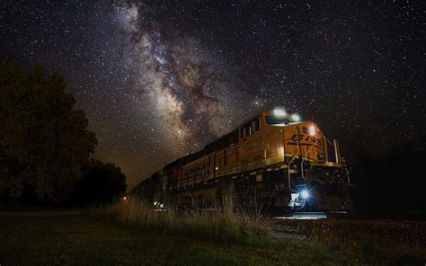 Hd Wallpaper Yellow Train Night Lights Milky Way Landscape Nature