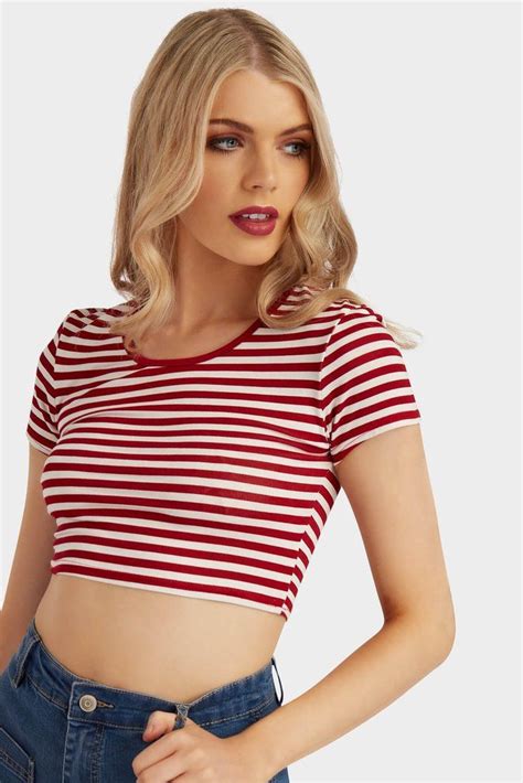 Red Basic Stripe Crop Top With Images Striped Crop Top Crop Tops Tops