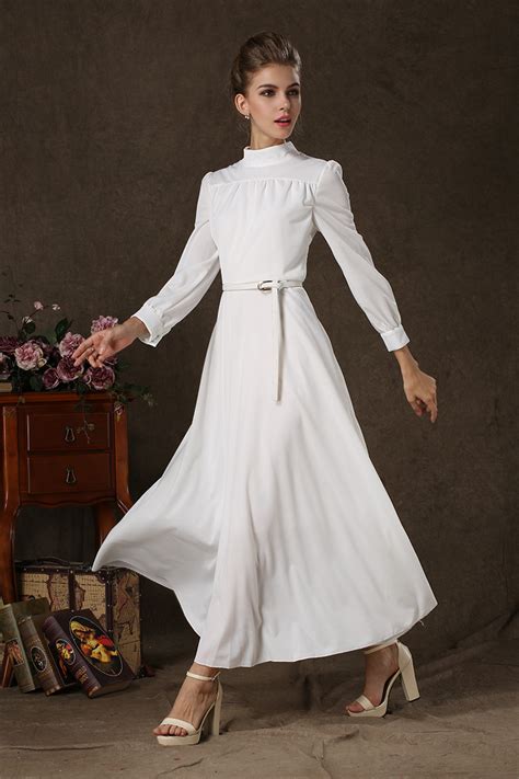 wholesale 2014 elegant and casual dress solid color stand collar high waist dress white bohemian