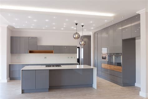 Ultra Modern Kitchen Interior Design Grey Gloss Cupboards Solid Oak