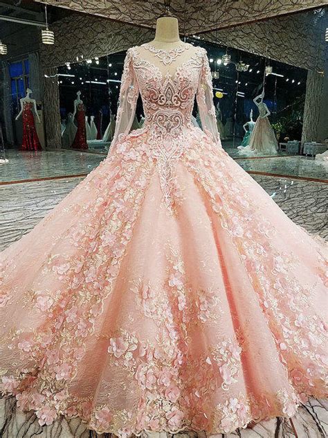 haute couture pink long sleeve wedding dress ball gown
