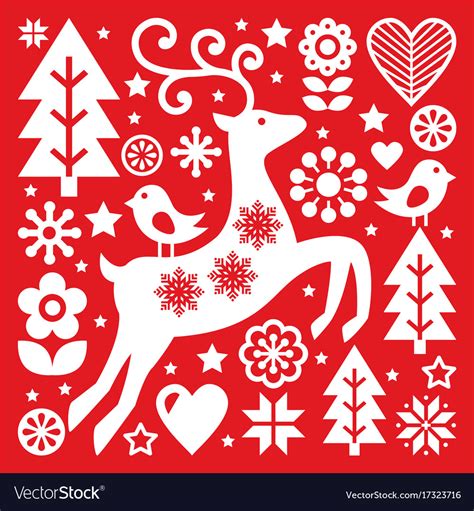 Christmas White Scandinavian Folk Art On Red Rein Vector Image