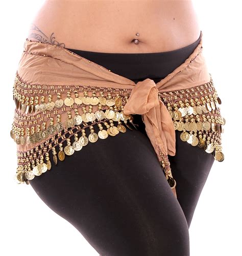 Plus Size 1x 4x Mocha Chiffon Belly Dance Hip Scarf With Gold Coins