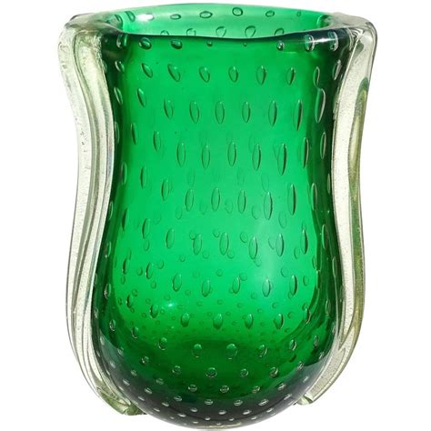 Barovier Toso Murano Green Iridescent Gold Flecks Italian Art Glass Vase At 1stdibs