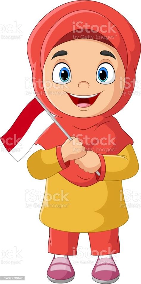 Cartoon Muslim Girl Holding An Indonesian Flag Vektorgrafik Och Fler