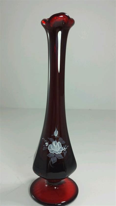 Fenton Art Glass Bud Vase Ruby Red Hand Painted Signed Bud Vases Glass Vase