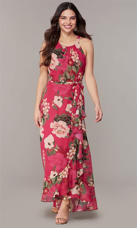 Though dresses are the most popular garment choice for formal occasions, cocktail parties, and weddings, they certainly aren't the only option. Maxi Floral-Print Wedding-Guest Dress - PromGirl