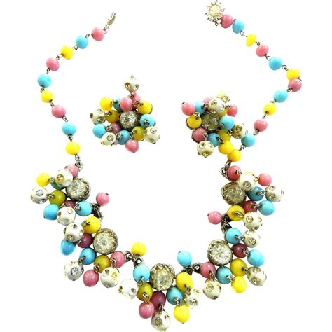 Vintage Kramer Drippy Dangling Pastel Necklace And Earrings From