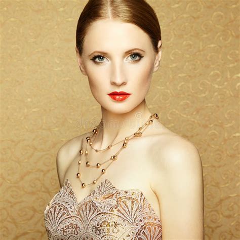 Beautiful Fashion Retro Woman With Pearl Necklace Stock Photo Image