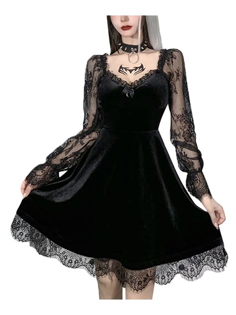 Women Gothic Lolita Dresses Black Vintage Grunge Long Sleeve Dress Lace Punk Goth Dresses