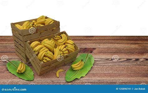 Wooden Crates Or Boxes Full Of Bananas Place On Wooden Table And