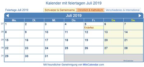 Schweiz Kalender Zum Drucken Juli 2019