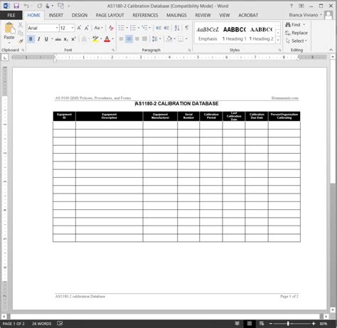 As9100 Calibration Database Template Word