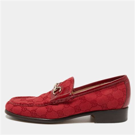 Gucci Red Gg Canvas And Patent Leather Horsebit Loafers Size 38 Gucci