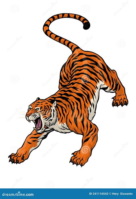 Hand Drawn Angry Crouching Tiger In Color Stock Vector Illustration