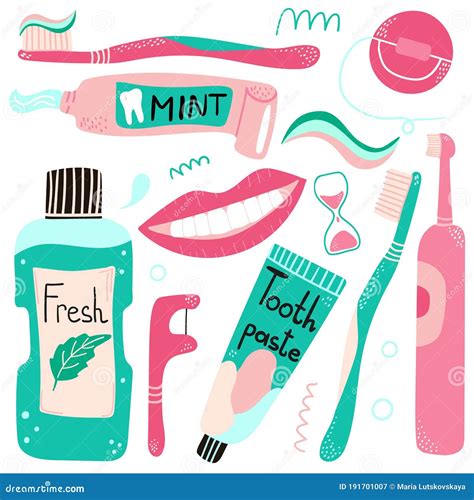 Cleaning Mouth Tools Doodle Toothbrushes With Toothpaste Hand Drawn