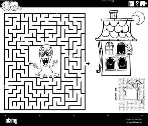 black and white cartoon illustration of educational maze puzzle game with ghost and haunted