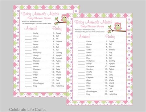 Baby Animals Match Game Printable Baby Shower Game Baby Girl Owl