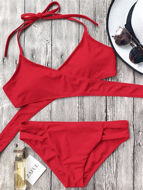 Zaful Sexy Swimsuit Cut Out Halter Wrap Padded Bikini Set Bathing Suit