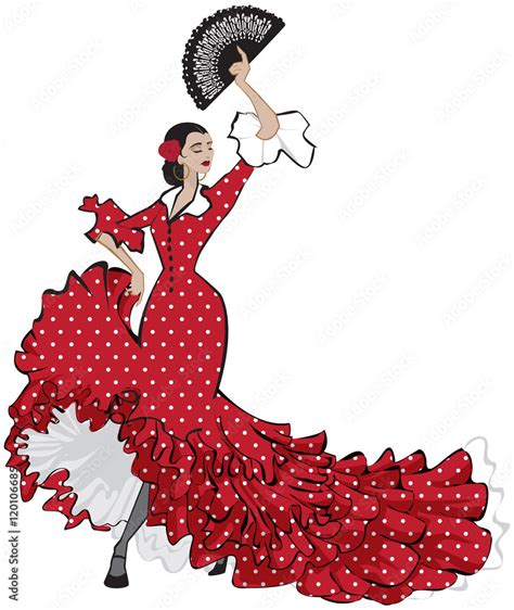 vector illustration of a beautiful spanish flamenco dancer with long red dress and fan stock