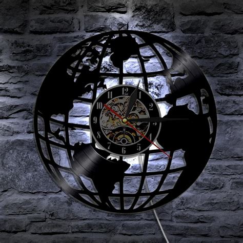 World Map Wall Clock On A Vinyl Record With Led Backlight World Map
