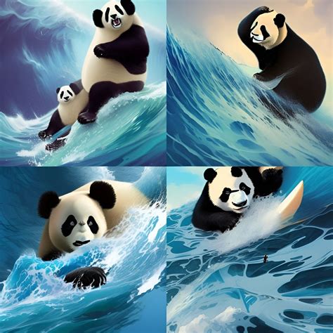 Pandas Surfing On A Blue Sea Reef High Rolling Waves Blue Skies 4k