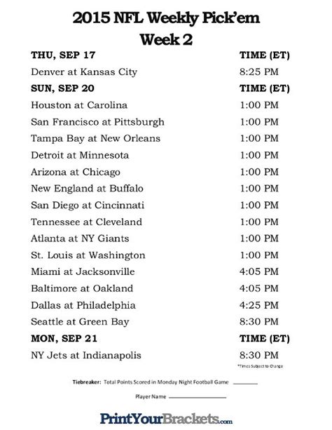 Week Nfl Printable Schedule Customize And Print