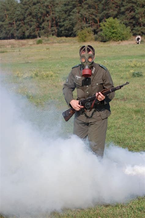 German Soldier In Gas Mask Ww2 Reenacting Stock Photography Image