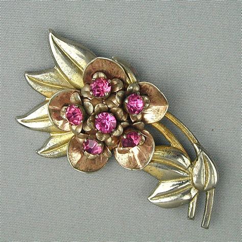 Vintage 1930s Sterling Silver Rhinestone Flower Pin Brooch Vermeil From