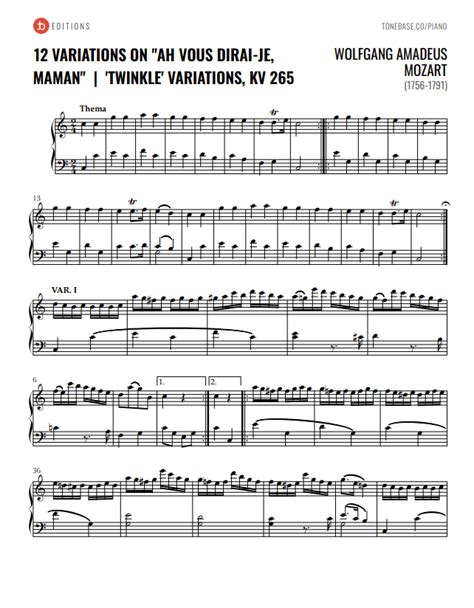 Wolfgang Amadeus Mozart Twinkle Variations Free Piano Sheet Music