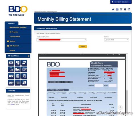 Transact anytime anywhere in the world through www.bdo.com.ph. How to View Your BDO Credit Card Billing Statement ...
