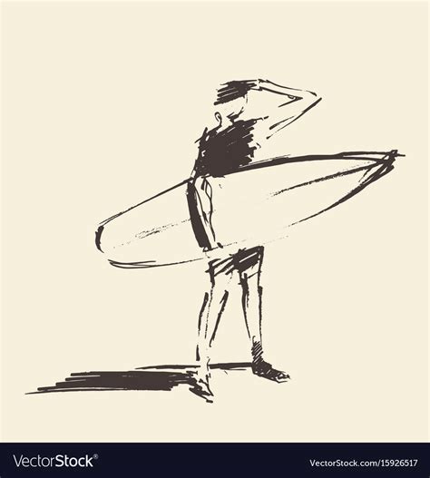 Drawn Young Man Beach Surfboard Sketch Royalty Free Vector