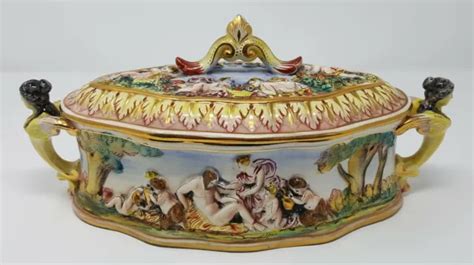 Vintage Capodimonte Porcelain Lidded Dish Bowl Tureen Cherubs Relief