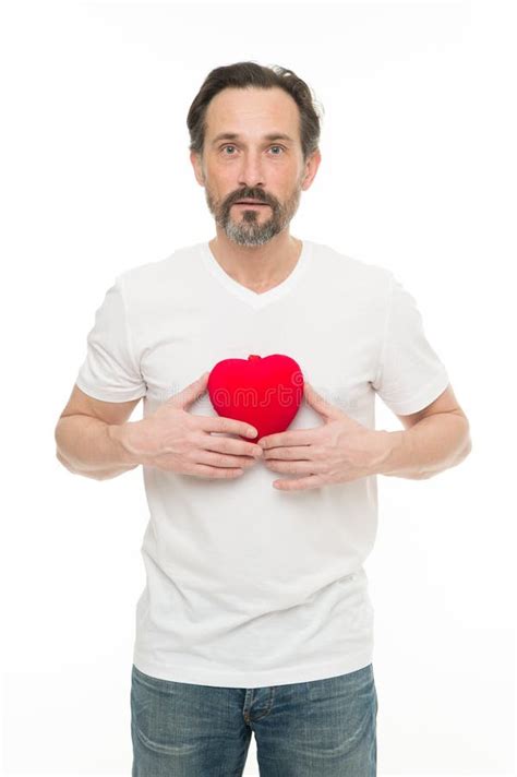 Greeting From Sincere Heart Man Bearded Hipster Hold Heart Celebrate Valentines Day Stock