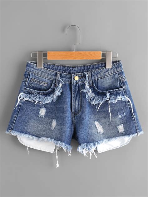 Stick Out Pocket Detail Frayed Denim Shorts Sheinsheinside