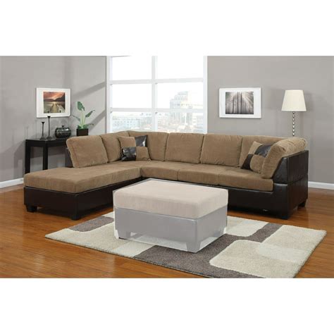 Modern Contemporary Sectional Light Brown Corduroy Sofa Chaise Espresso