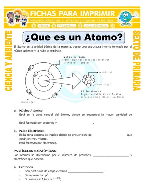 Ficha Que Es Un Atomo Para Sexto De Primariadoc Protón Núcleo Atómico